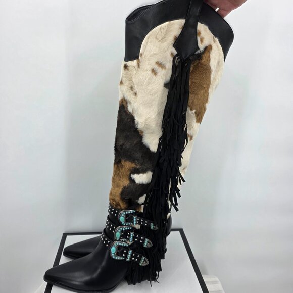 AZALEA WANG Gwayne Cow Print Knee High Fringed Western Boot Buckles 7-11 NWT - Picture 11 of 15